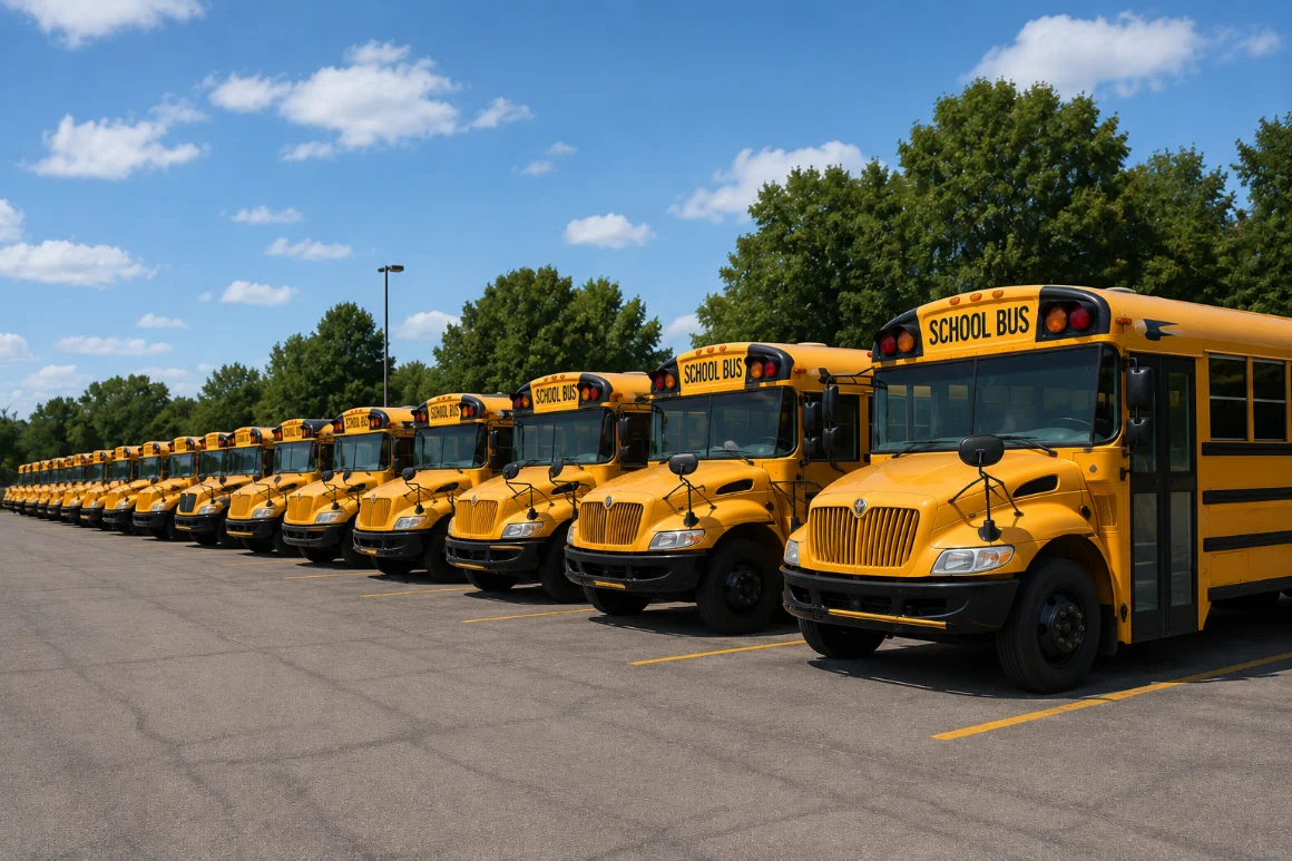 Bus fleet lined up in a lot