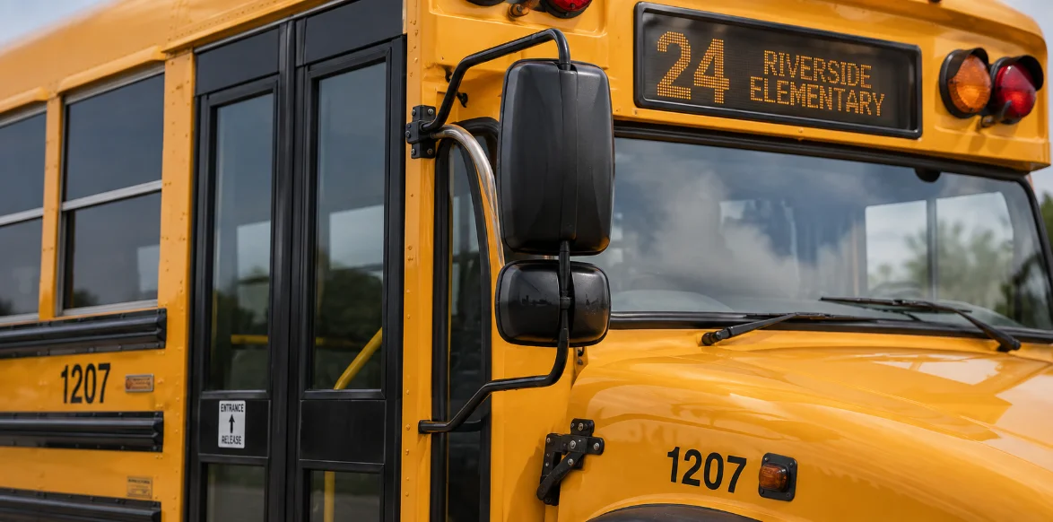 Bus exterior detail: door and route panel